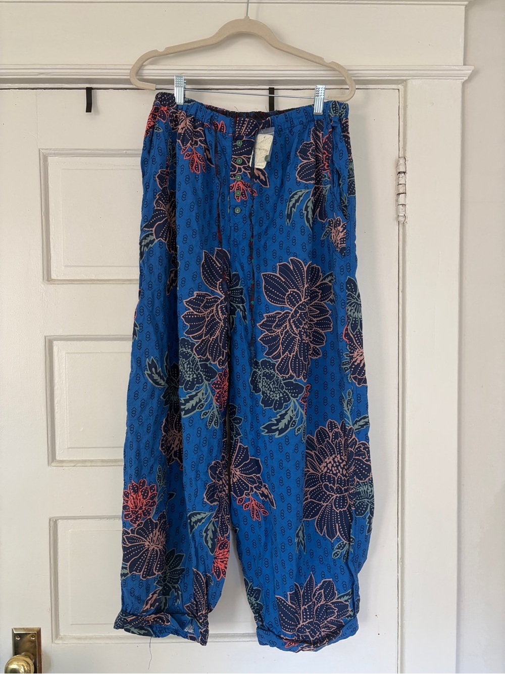 Free People On Repeat PJ Pants in Floral Cobalt Blue, Size L, NWT